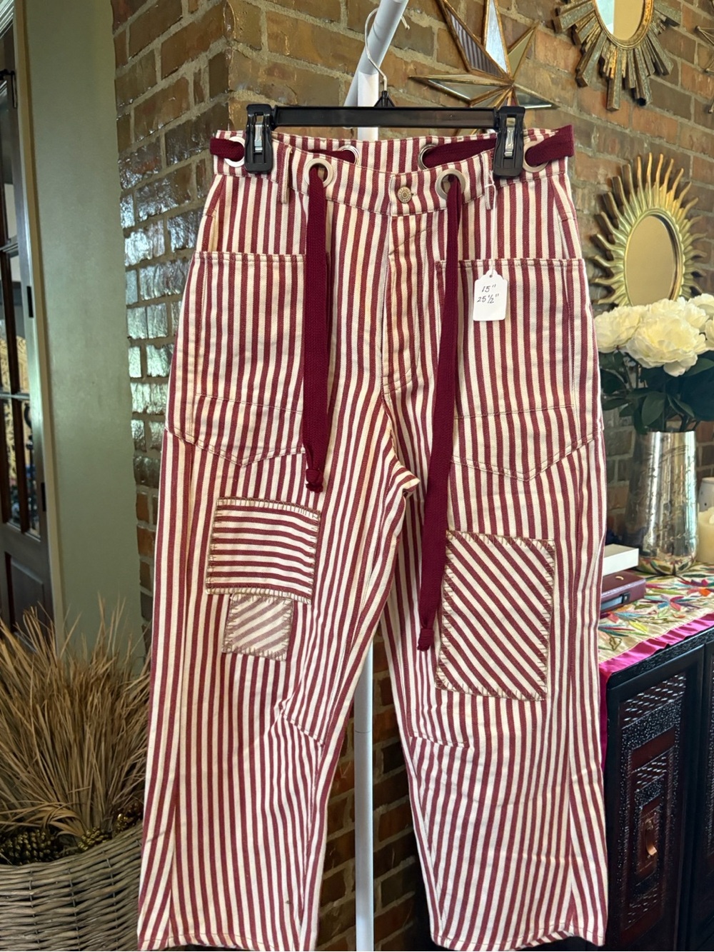 EESOME Moxies Burgundy and Cream Striped Cargo Pants with Utility Pockets